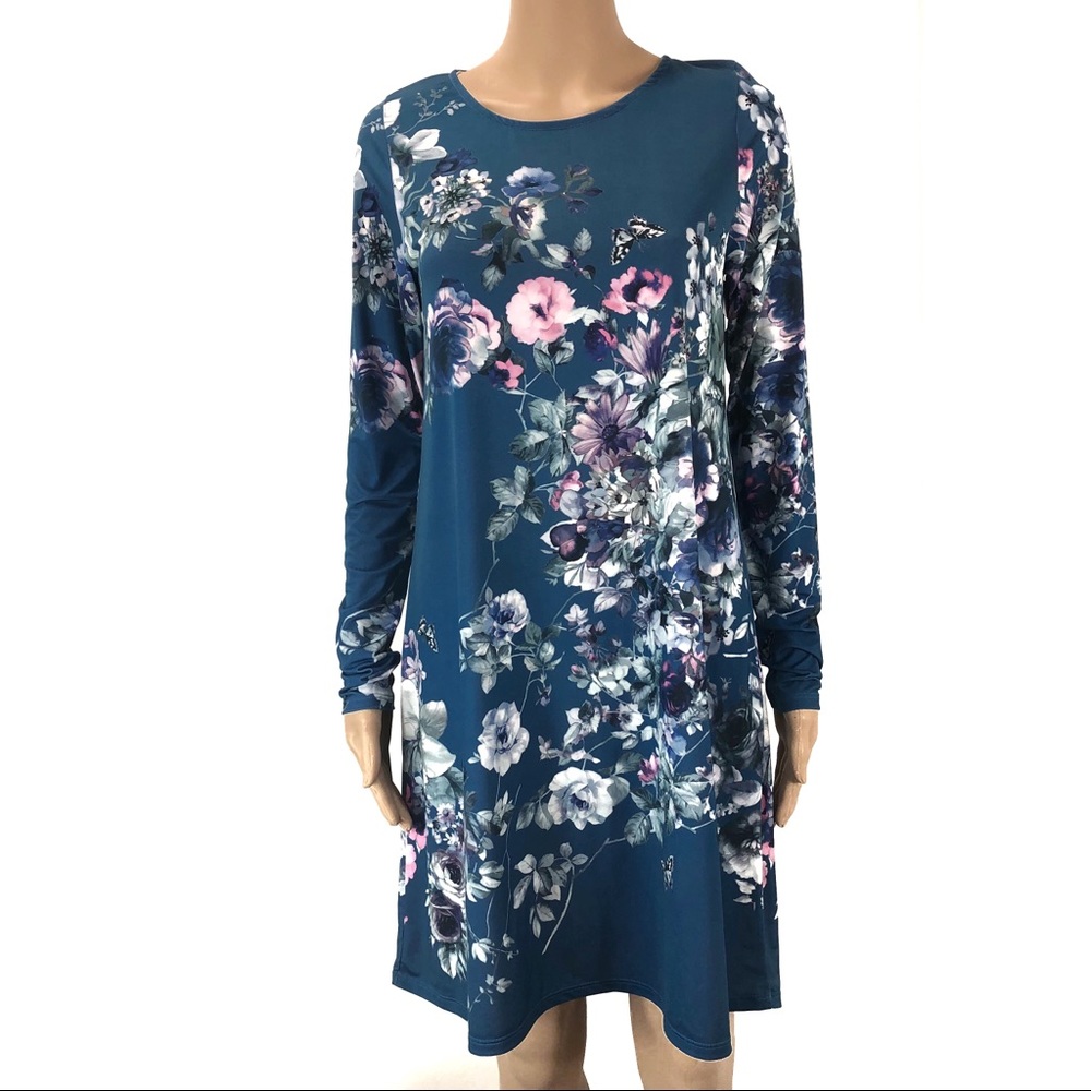 Rachel Kate floral blue long sleeve dress medium